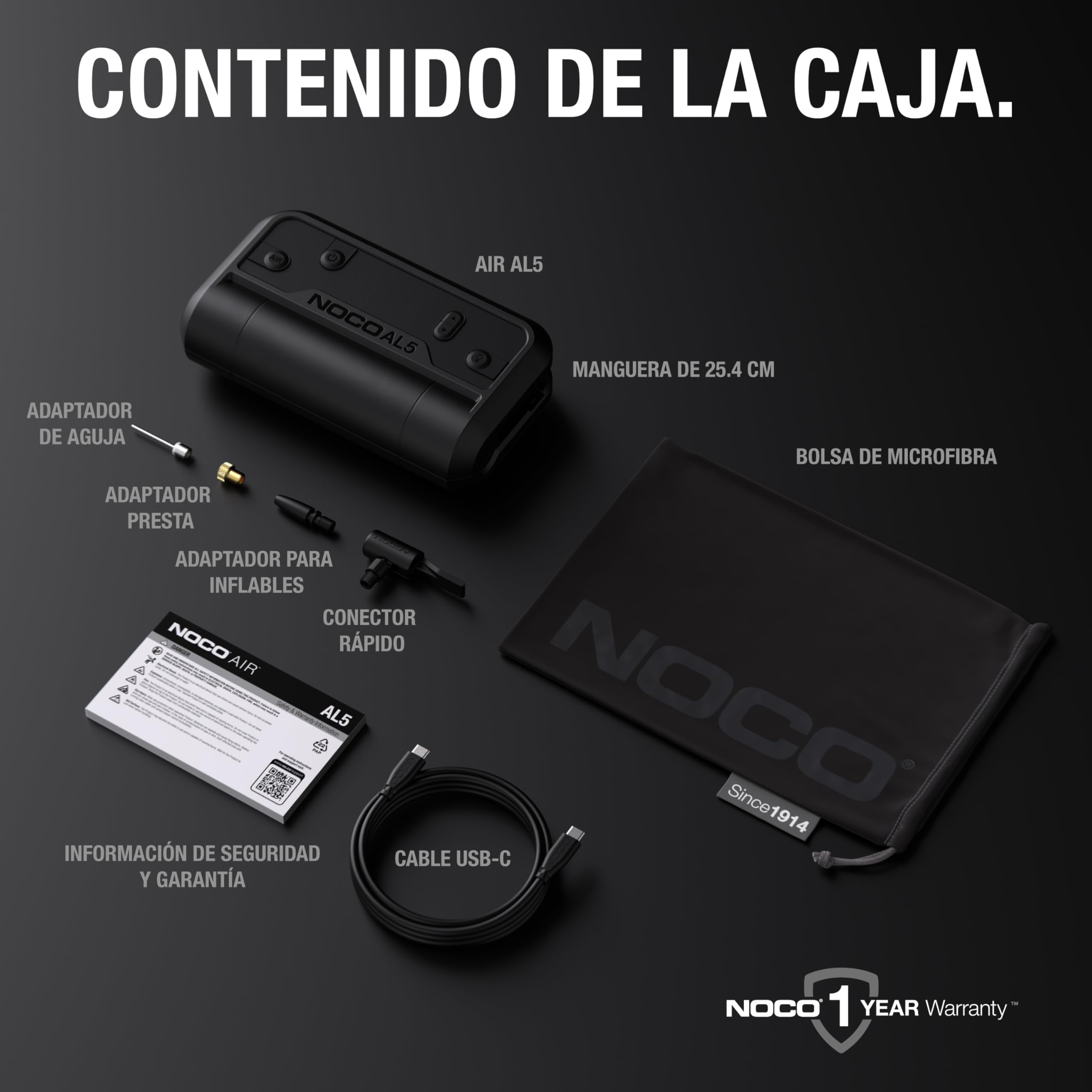 NOCO Air AL5 Inflador de neumáticos inalámbrico 5A Compresor de aire portátil a batería 17 SLPM 0-40 PSI 7 min Manómetro digital Apagado automático