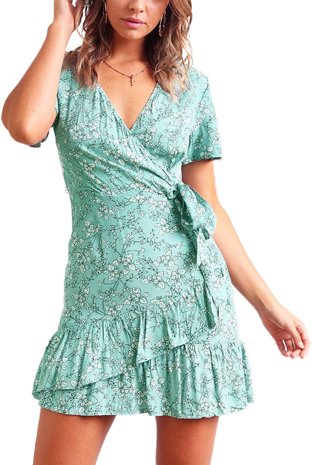 Relipop Summer Women Short Sleeve Print Dress V Neck Casual Short Dresses