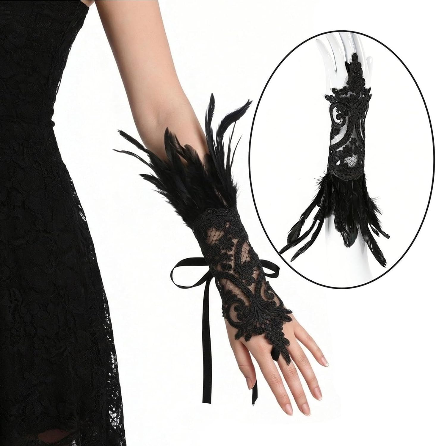 Lace Fingerless Gloves - Holiday Cosplay Feathers Glove, 1 Pair Party Wrist Cuff Costume For Women Ladies, Sheer Floral Mesh With Plume Trim, Apparel Gear, Hand Wrap For Stage Performance