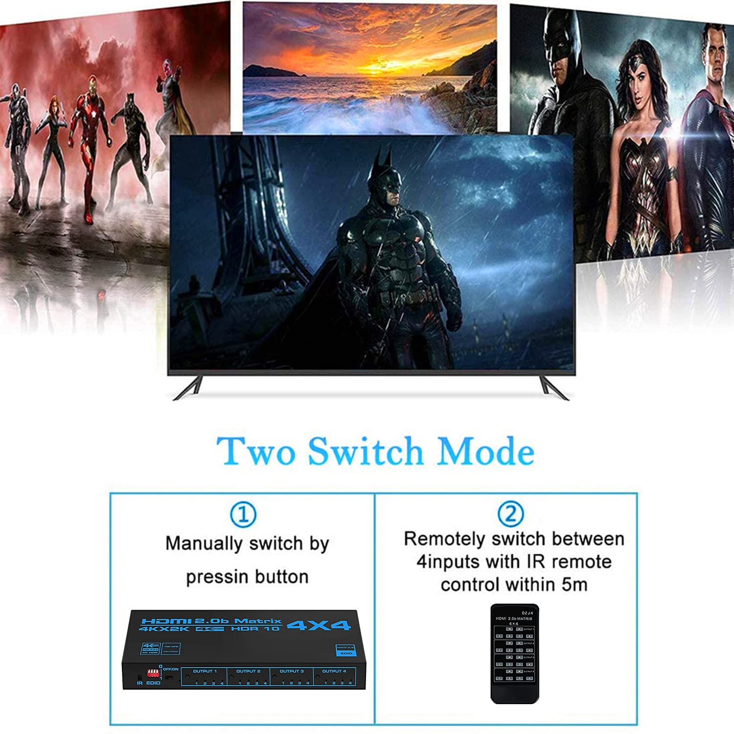 Conmutador de Matriz HDMI 4X4,Conmutador/Distribuidor HDMI 4K@60Hz 4 entradas 4 Salidas,Divisor de Video con Control Remoto IR y Extractor de Audio EDID