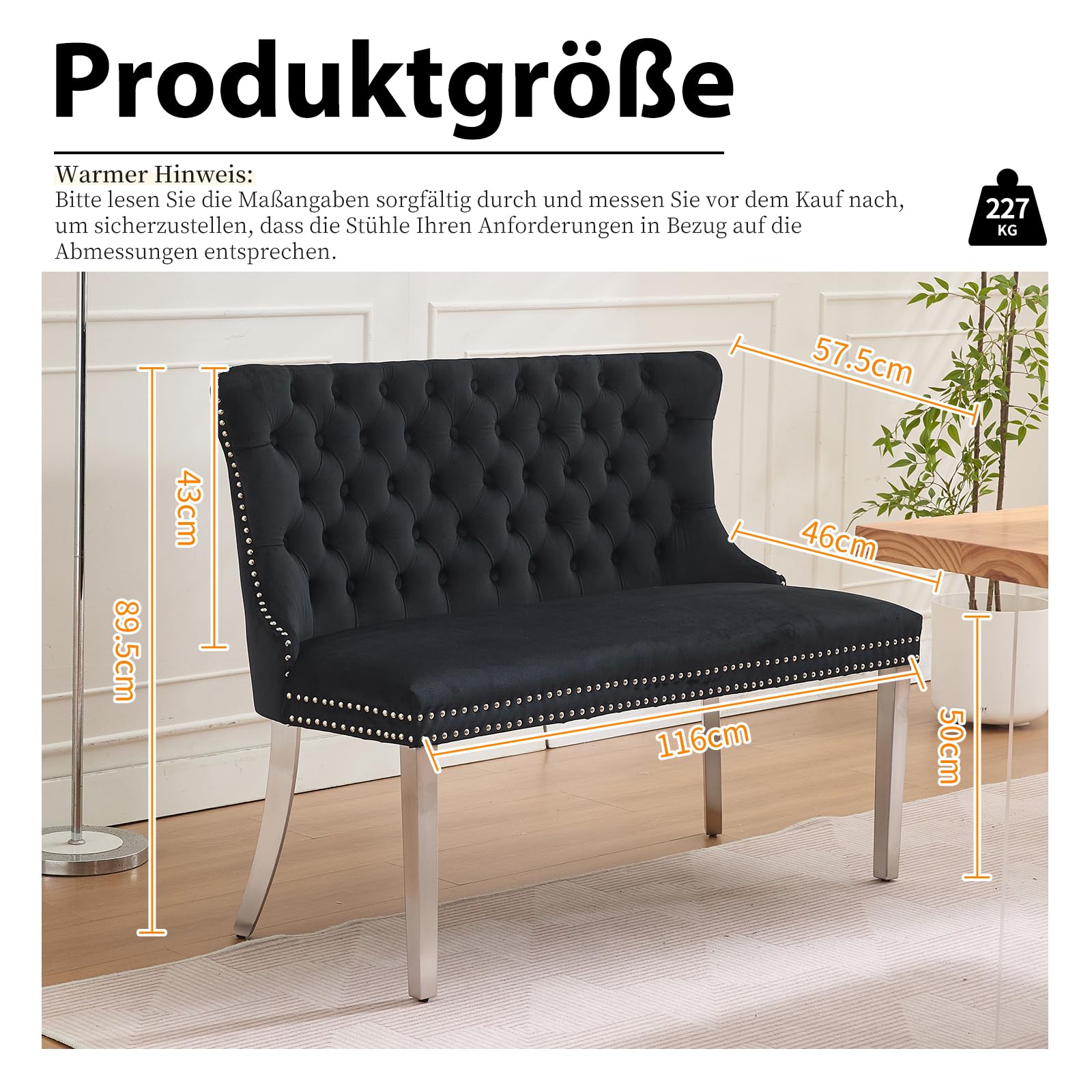 Shenyon Samt-Esszimmerbank mit Rückenlehne, Chesterfield Sitzbank mit Knopfheftung, Silberne Edelstahlbeine mit Ziernägeln, gepolsterte Sitzbank für Esszimmer, Küche & Flur, Schwarz