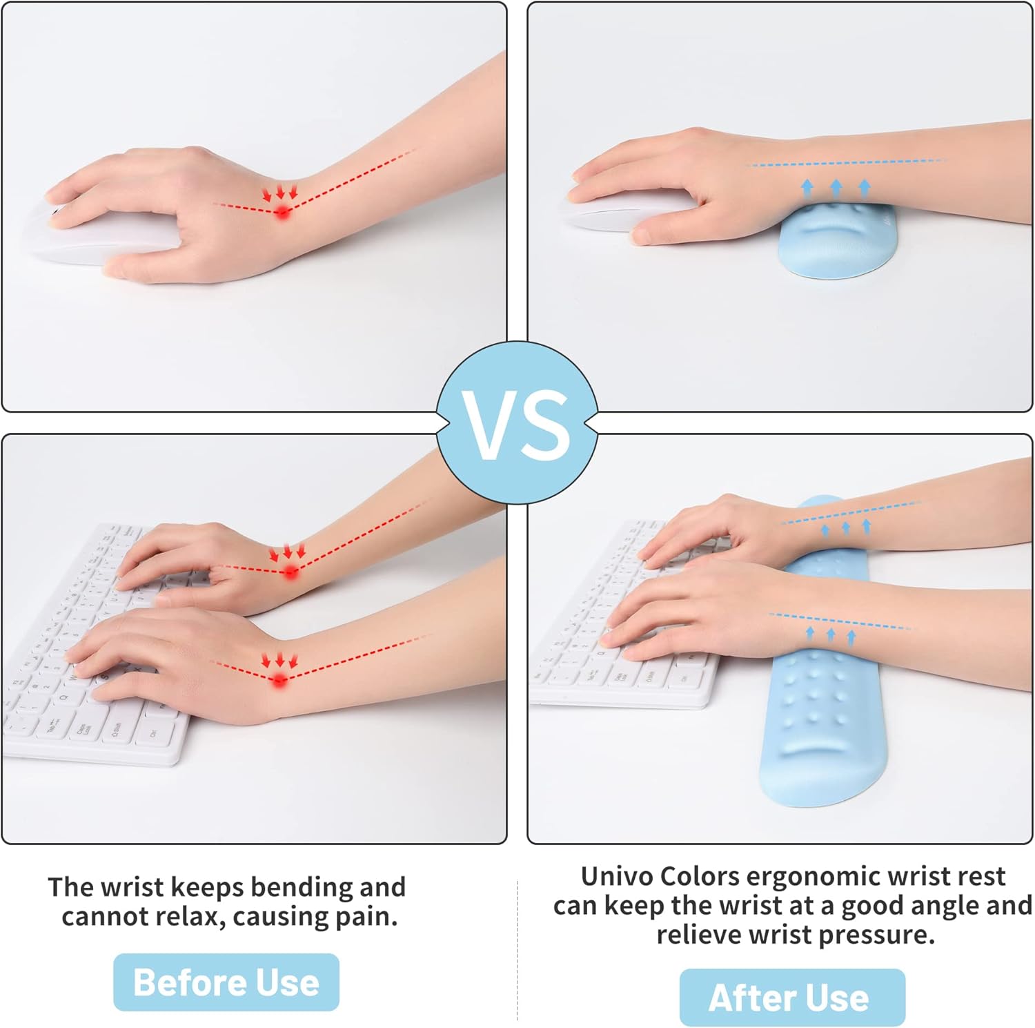UnivoColors Light Blue Keyboard Wrist Support and Mouse Wrist Rest Set, Made of Memory Foam Soft Gel, Ergonomic Pad for Computer, Laptop, Mouse, Office, Gaming