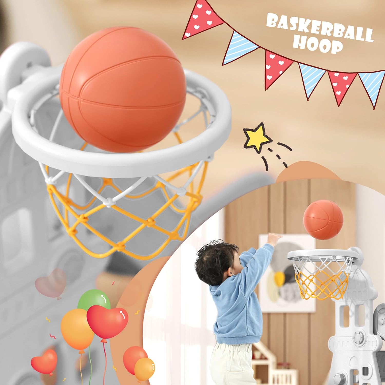 KORIMEFA 4 in 1 Toddler Slide and Swing Set, Kids Climber Slide Playset with Basketball Hoop Playground Swing Set for Indoor Outdoor Backyard Age 1-3 (4 in1-Gray)