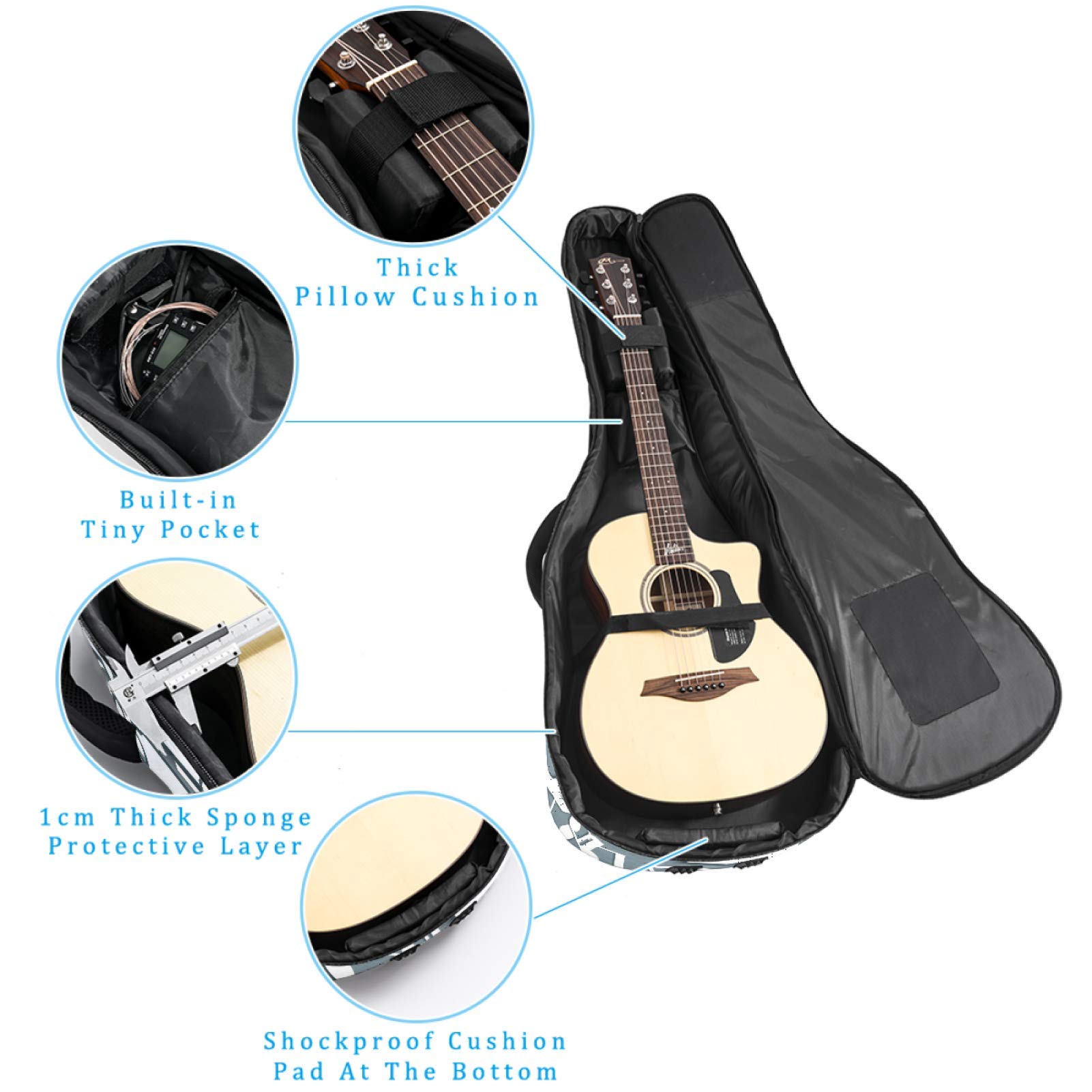 Borsa per chitarra impermeabile con cerniera morbida zaino per chitarra, chitarra acustica e classica folk chitarra elettrica chitarra musica note grigio