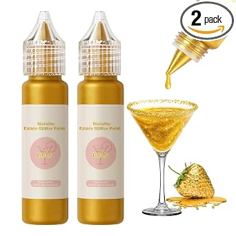 Edible Glitter Paint Set - Metallic Food Coloring Paint for Baking Cake Decorating -Vegan Art Decorative Cake Paint for Cupcakes, Cookies, Fondant, Donuts, Macaron, Candy 12ml/Each Bottle- 2 Gold