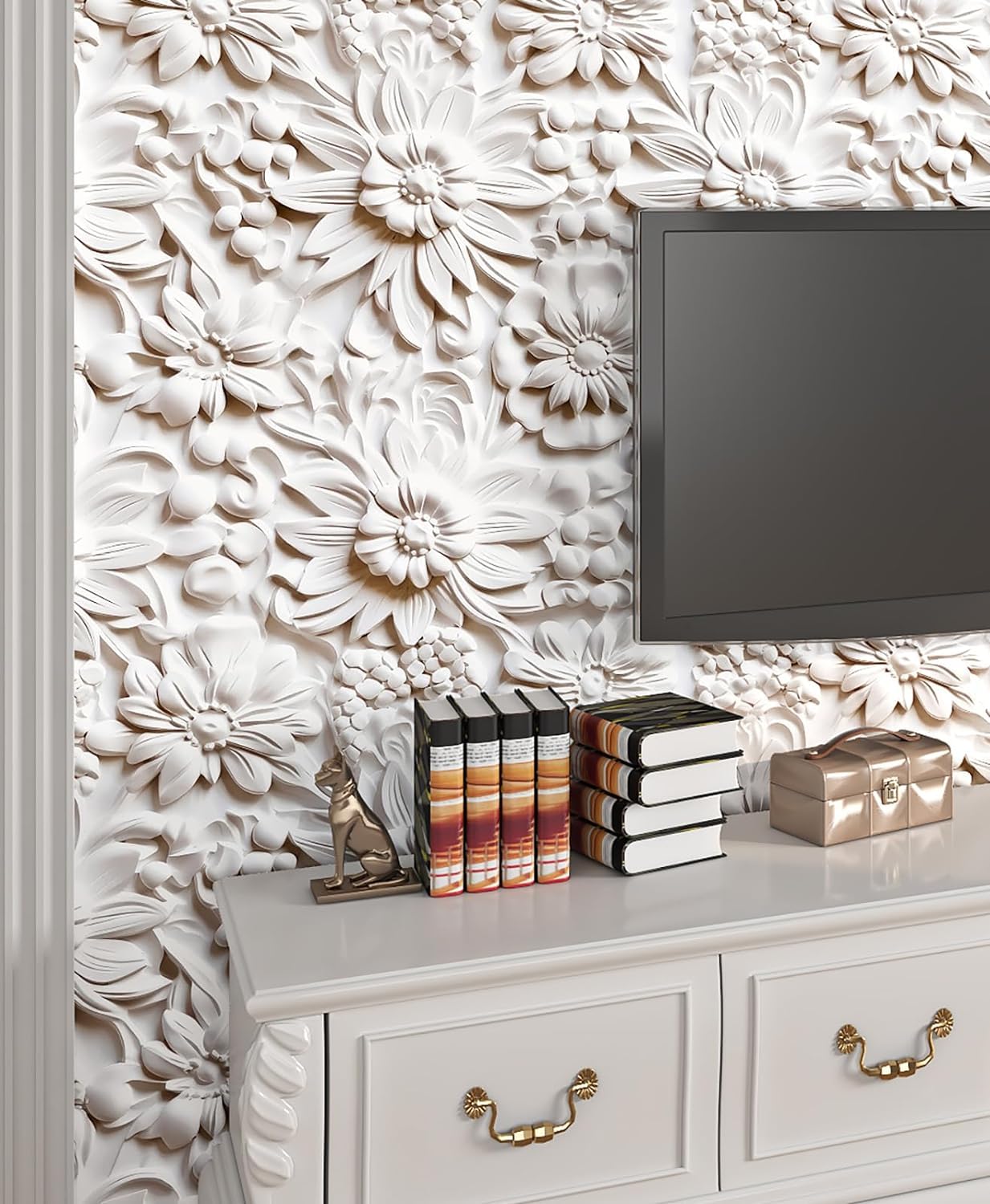 FunStick 44.5CM×9M Papel Pintado Flores Blanco Margarita Papel Pintado Pared 3D Salon Vinilos Adhesivos Flores Beige Papel Adhesivo Para Muebles Baño Floral Papel Autoadhesivo Pared Habitacion 3D