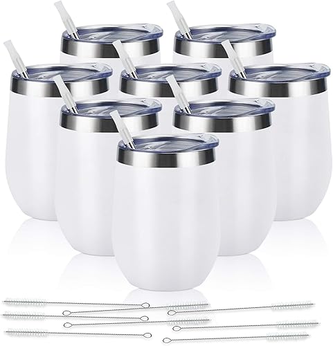 Vaso de vino de acero inoxidable de 12 oz, doble pared con aislamiento al vacío con tapa y pajita, vaso de vino sin tallo de acero inoxidable para