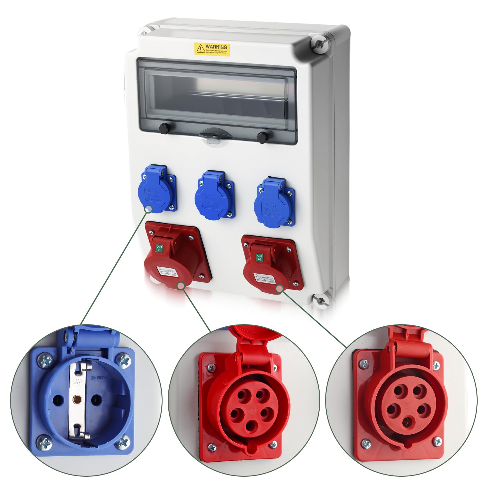 EYPINS Rozdzielacz prądu budowlanego bez LS+FI, rozdzielacz ścienny 3 x 230 V Gniazda Schuko 16 A+Wtyczki CEE 16A+32A, IP66, ognioodporne ABS do wnętrz, na zewnątrz, warsztat i fabryka