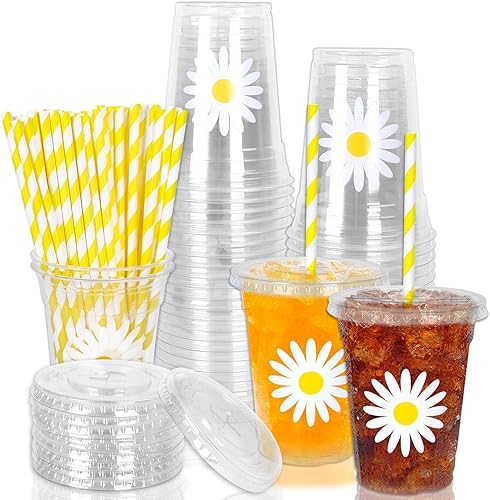 Whaline 50 vasos de plástico desechables de margaritas con tapas y pajitas de 12 onzas para bebidas frías para boda, cumpleaños, baby shower