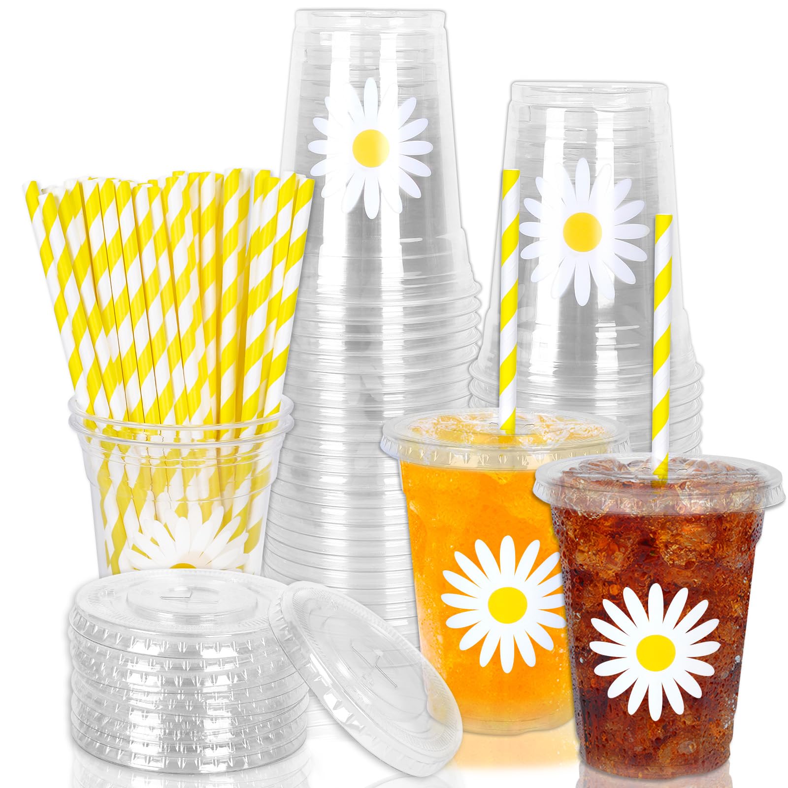 Whaline 50Pcs Daisy Cute Disposable Plastic Cups with Lids and Straws 12Oz Cold Beverage Drinking Cups for Wedding Birthday Baby Shower Favor Supplies