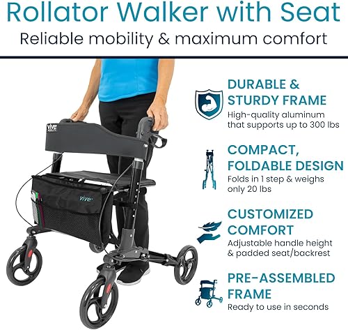 Miniatura 10 de Vive Mobility Rollator Walker - Andador médico plegable de 4 ruedas con asiento y bolsa - Ayuda de movilidad para adultos, personas mayores,
