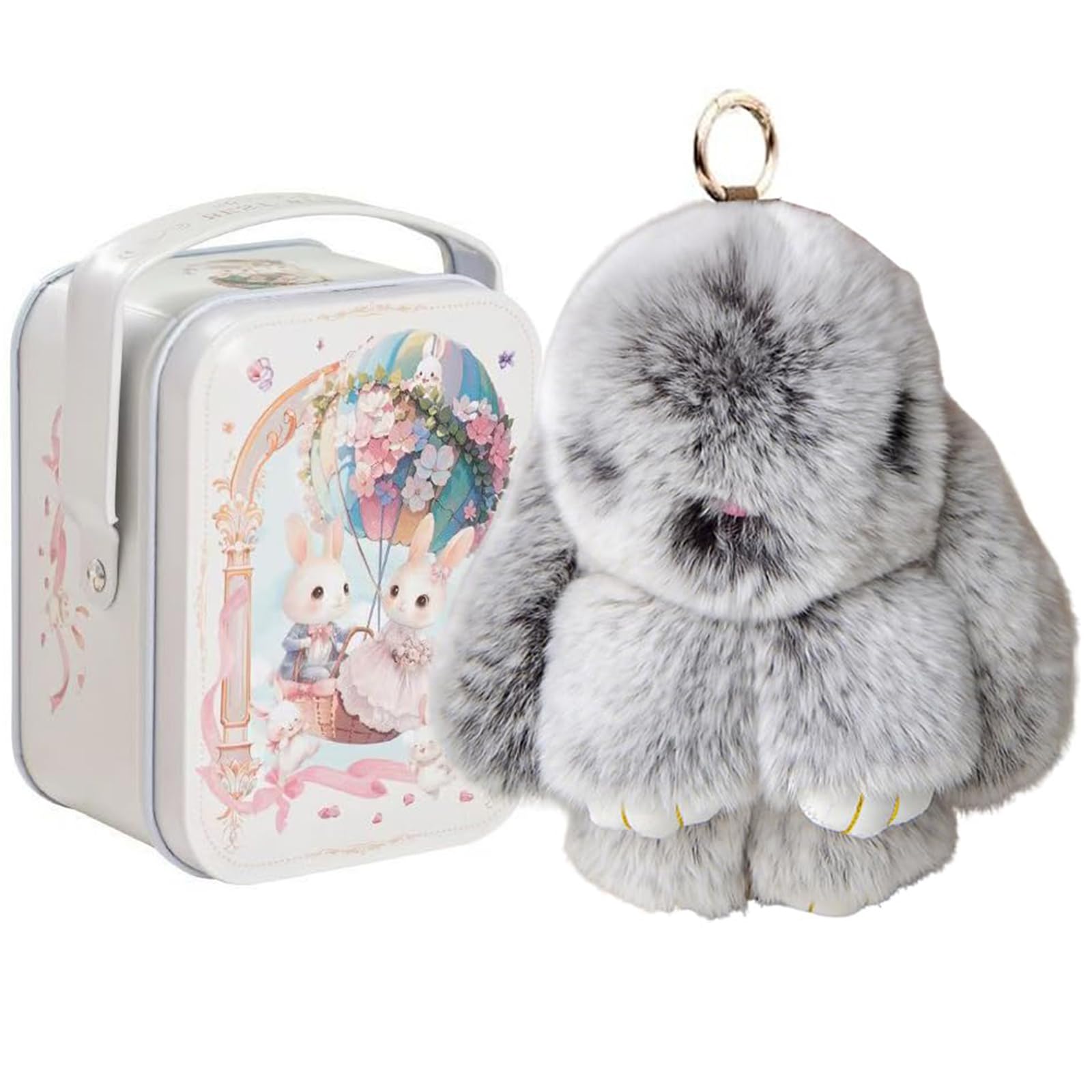 Bunny Lulu Keychain with Tin Box – Soft Plush Rabbit Pendant, Cute Fluffy Trinket, Adorable Key Ring Charm and Handbag Ornament for Women and Girls