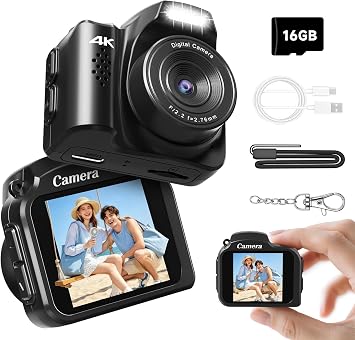VETEK Mini Camera 4K HD Video Recorder Keychain Digital Camcorder with 64GB Card, 1.54" HD Display, Long Battery Life, Ultra-Portable Tiny Camera for Travel/Vlog/Night Shots, Ideal Gift, Black