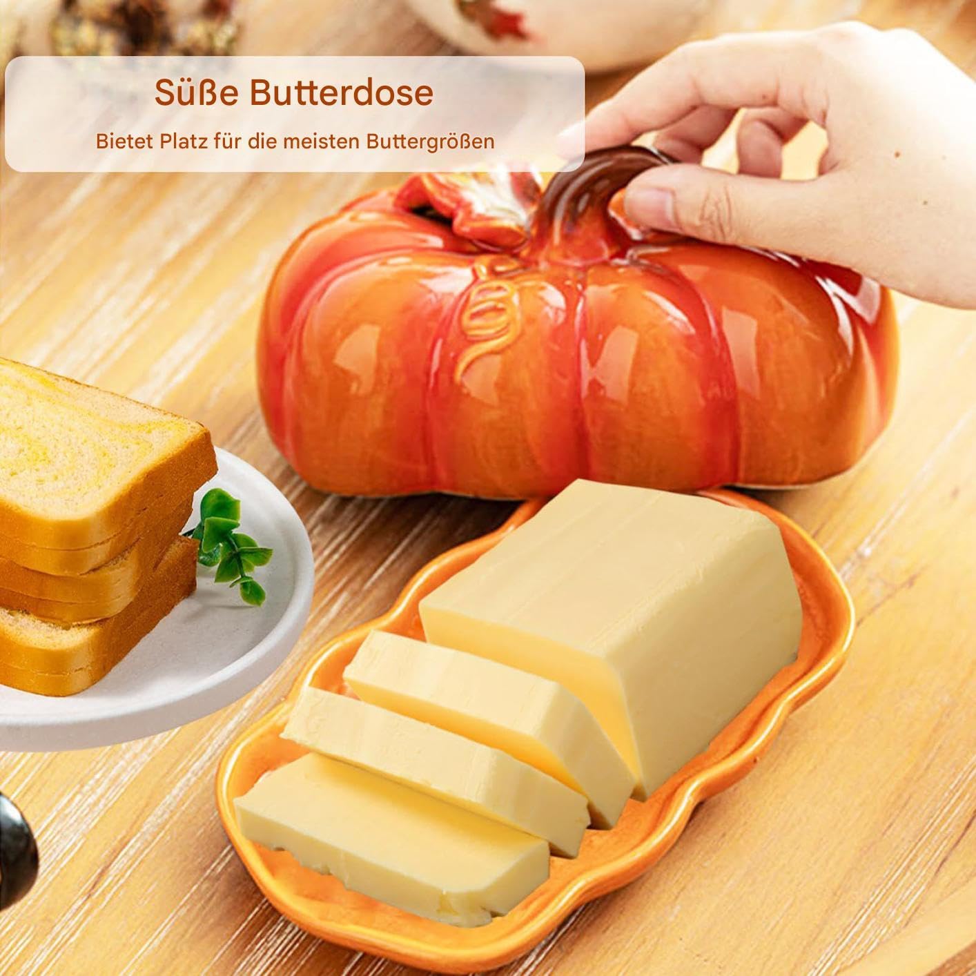 Generisch Kürbisbutterschale mit Deckel - Herbstküche Arbeitsplatte, Halloween -Kürbis -Snack -Teller und Käsebrett, Keramikbutterschale hält Butter frisch länger, Geschirrspüler sicher
