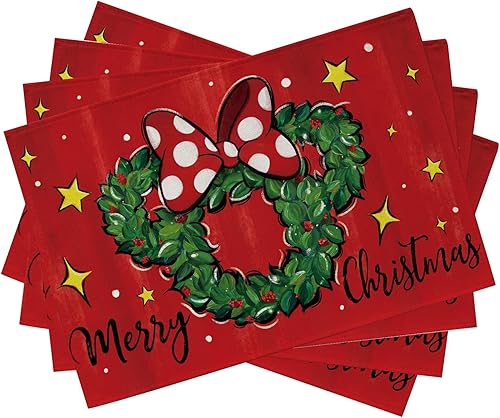 Seliem Juego de 4 manteles individuales con diseño de corona de ratón, diseño de lunares de Navidad, color rojo acebo, bayas, decoración de cocina,