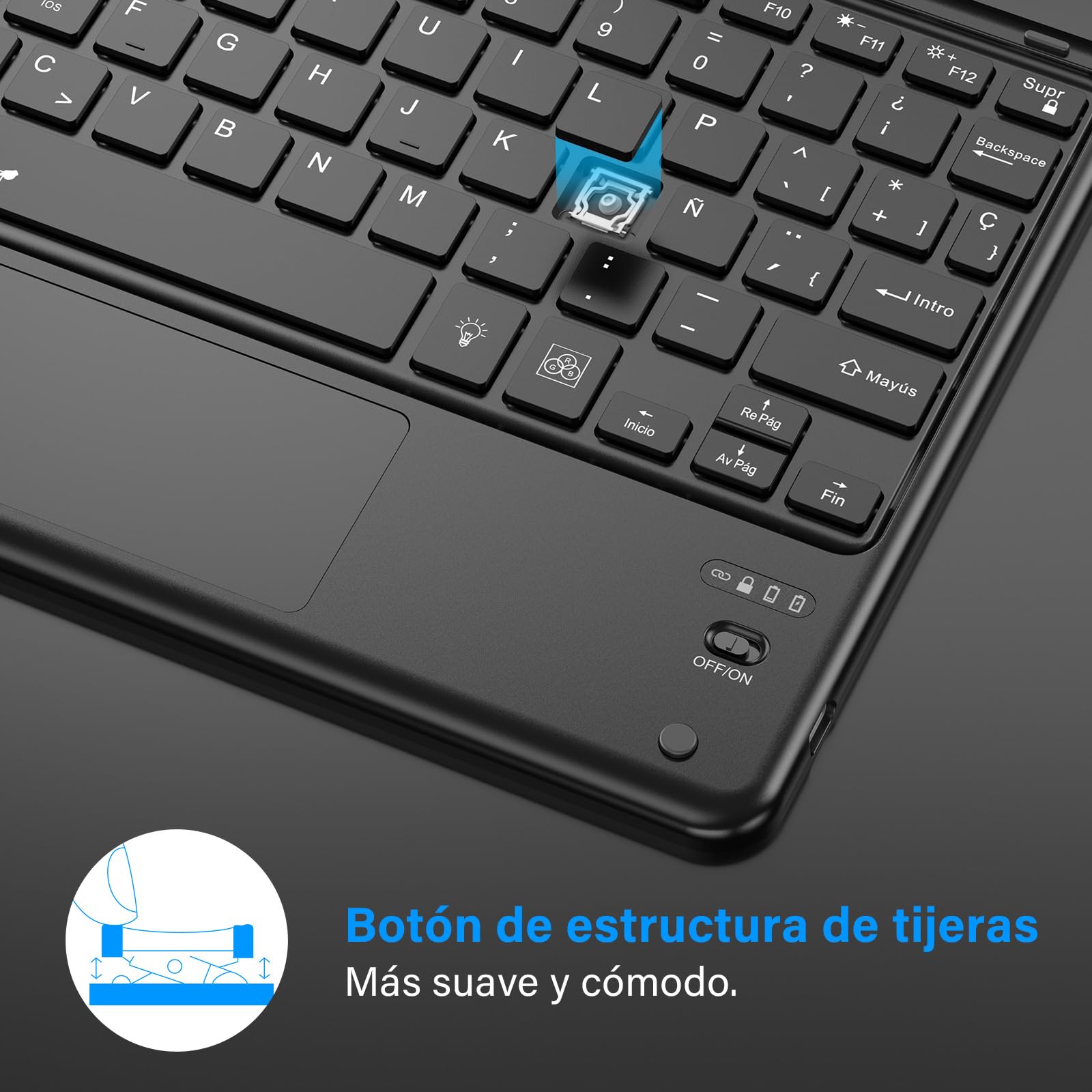 KBCASE Teclado con TouchPad, Teclado Bluetooth Inalámbrico Español para Tablet iPad/iOS/Android/Windows/iPad Pro/iPad Air/iPad Mini, Samsung, Lenovo, Huawei, iPhone y Retroiluminación de 7 Colores