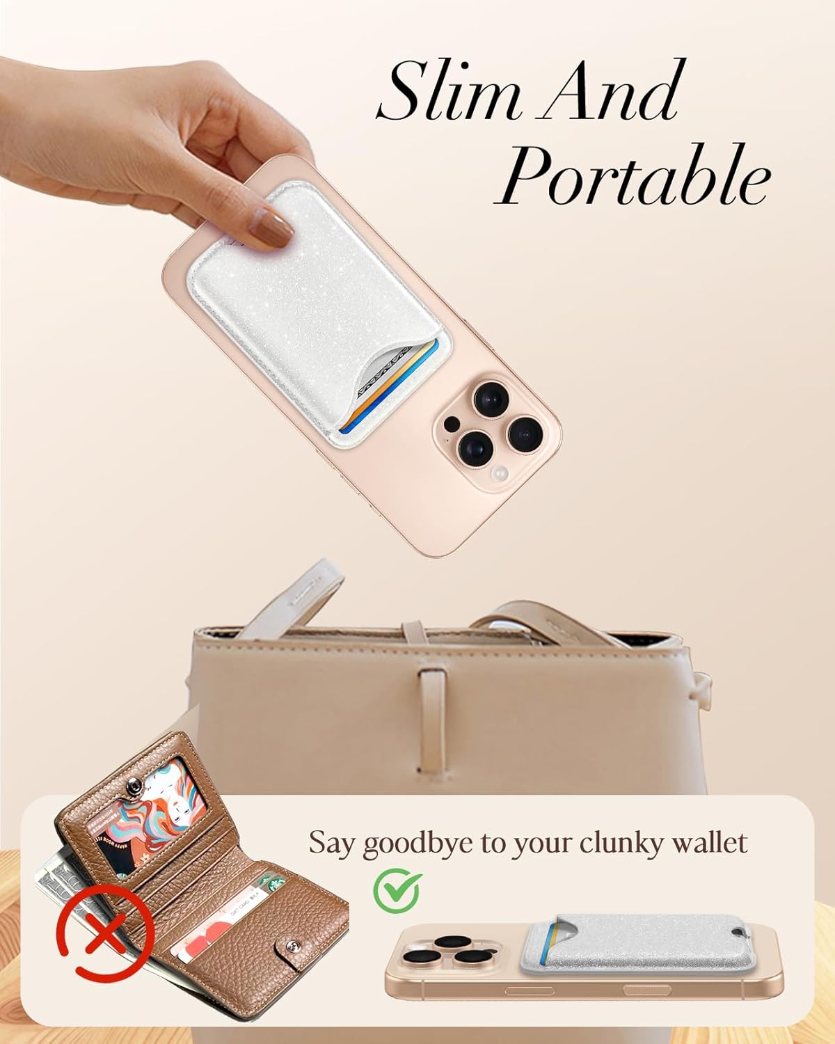 Shorogyt Phone Wallets Compatible with Magsafe Wallet Glitter - Magnetic Card Holder White for Women Teen Girls for iPhone 17/16/15/14/13/12 Series Slim for Apple Mag RFID Magnet, Fit 3 Cards - Image 2