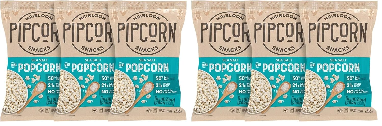 Pipcorn Heirloom Mini Popcorn - Sea Salt (3 Pack of 4.5oz Bags) - Vegan, No Artificial Anything, Non-GMO Heirloom Corn, No Preservatives, Soy Free, Zero Trans Fat, Gluten Free
