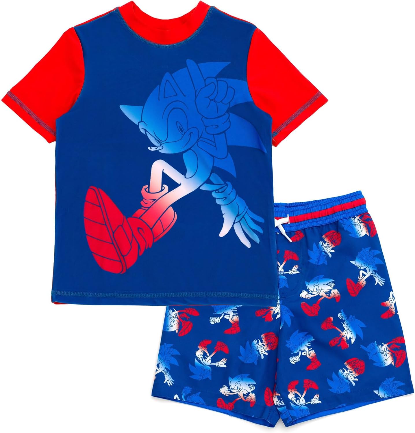 SEGA Sonic the Hedgehog Raglan Rash Guard and Swim Trunks Outfit Set UPF 50+ Little Kid to Big Kid Sizes (4-14-16)