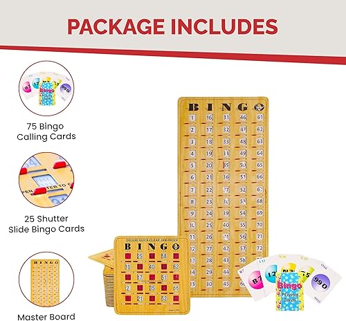 Miniatura 12 de MR CHIPS Tarjetas de bingo a prueba de atascos con ventanas deslizantes, 25 tarjetas de obturador de bingo reutilizables, 75 tarjetas de llamadas