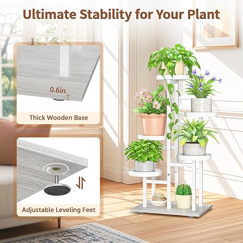 Miniatura 4 de LASZOLA Soporte para plantas de 5 niveles en blanco, estante resistente para interiores, organizador vertical de metal y madera para plantas