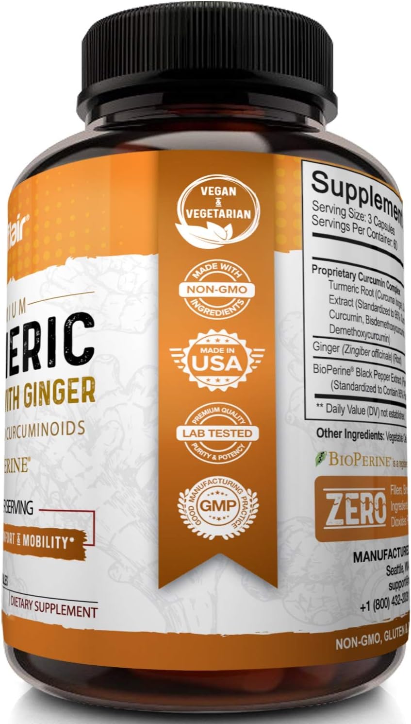 Turmeric Curcumin with Ginger & BioPerine Black Pepper Supplement: Anti-Inflammatory, Antioxidant, Anti Aging, 100% Natural, Non-GMO, Vegan Best Maximum Potency, No Side Effects (180 Capsules) : Health & Household