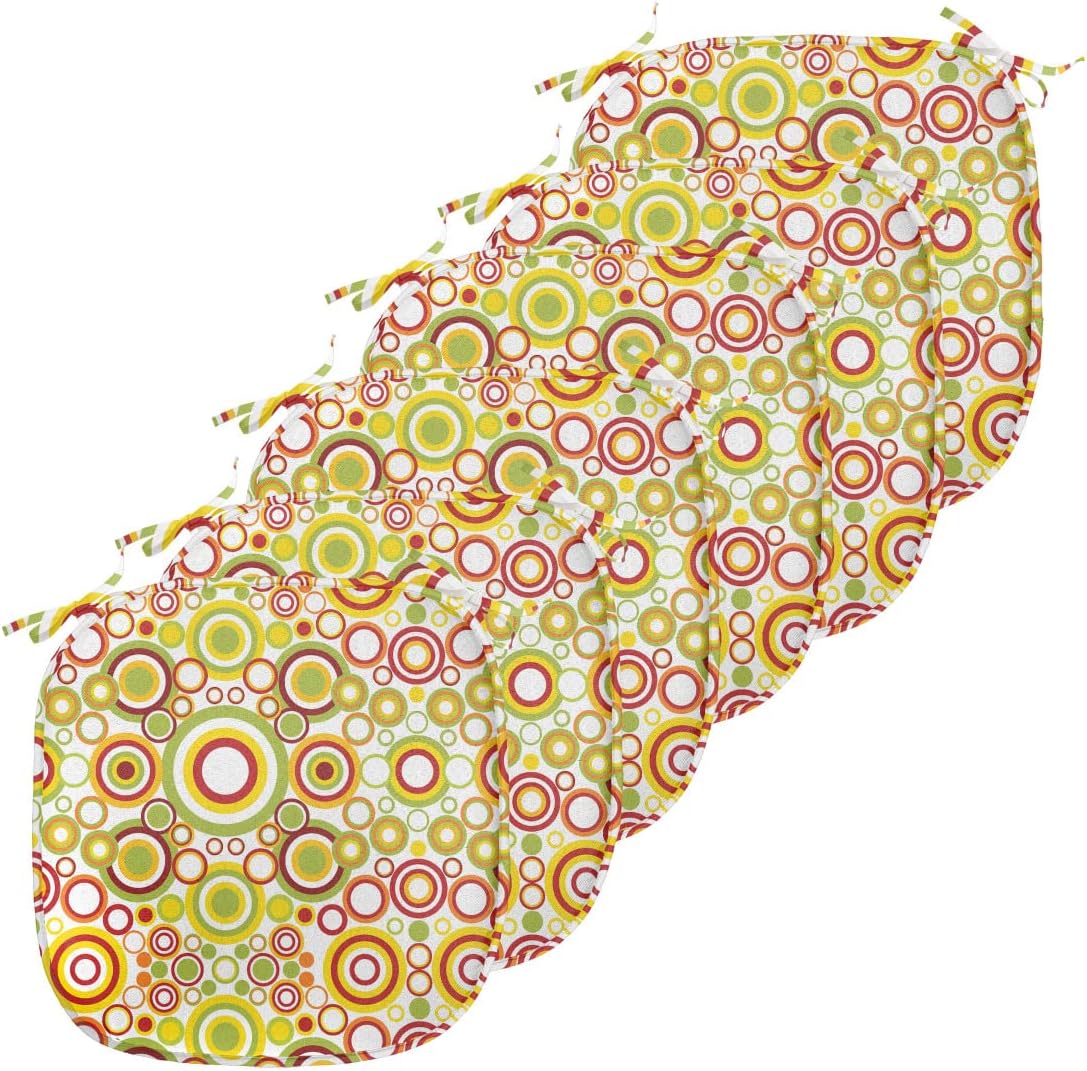 Lunarable Geometric Chair Seating Cushion Set of 6, Circles Round Disk Disc Shapes Dots Swatches in Contrast Design Colorful Print, Anti-Slip Seat Padding for Kitchen & Patio, 16"x16", Multicolor