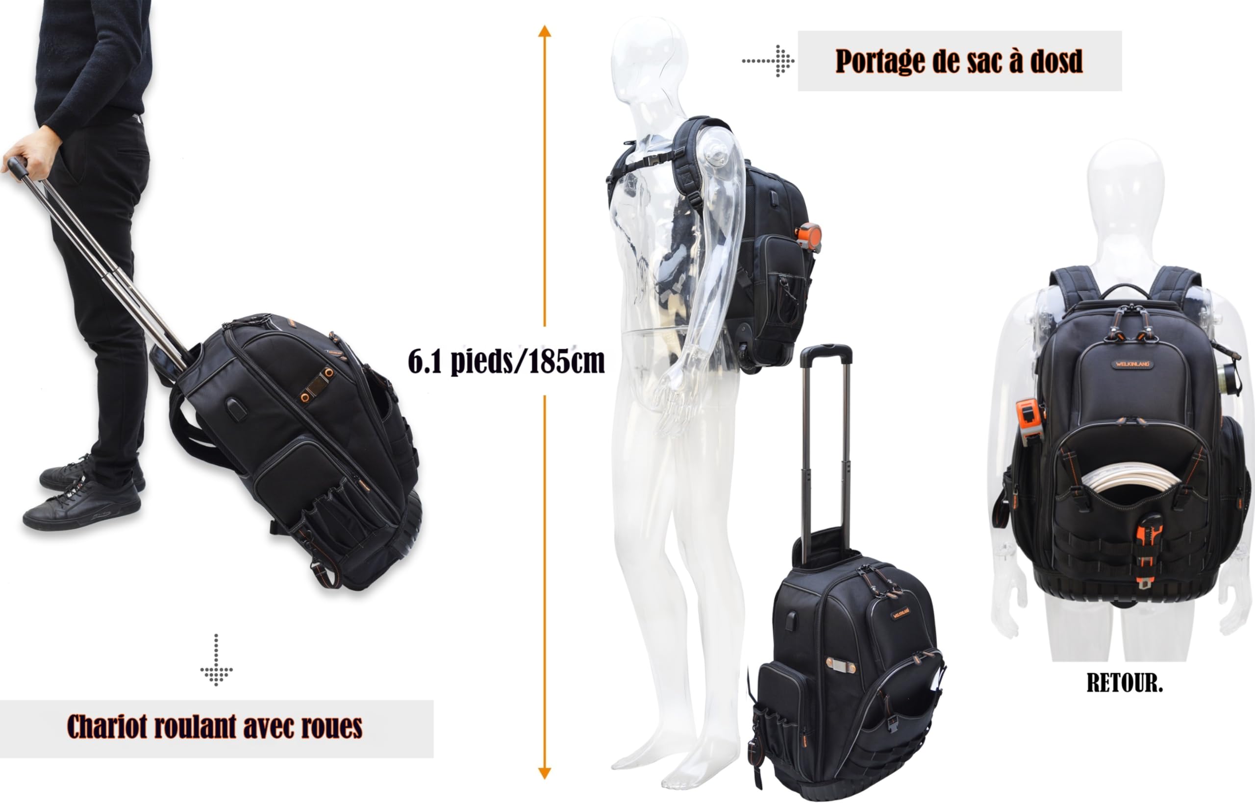 WELKINLAND Sac à dos à roulettes 72 poches, grand sac à outils avec roulettes, sac d'électricien roulant avec roues pour homme