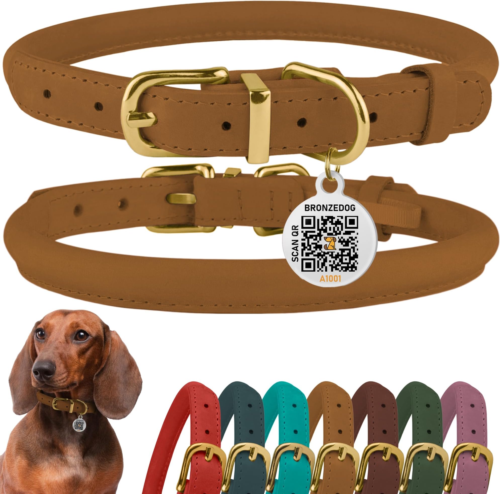 BronzeDog Rolled Leather Dog Collar with QR ID Tag, Adjustable Soft Round Collars for Small Medium Large Dogs Puppy (14" - 16" Neck Size, Light Brown)