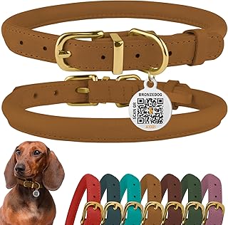 BRONZEDOG Rolled Leather Dog Collar with QR ID Tag, Adjustable Soft Round Collars for Small Medium Large Dogs Puppy Cats (Light Brown, 18-25cm) product image