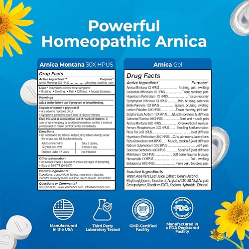 Miniatura 4 de VitaMedica Arnica Montana Tablets & Arnica Gel Bundle para dolor natural, moretones e hinchazón  150 tabletas de disolución rápida  3 onzas de gel a