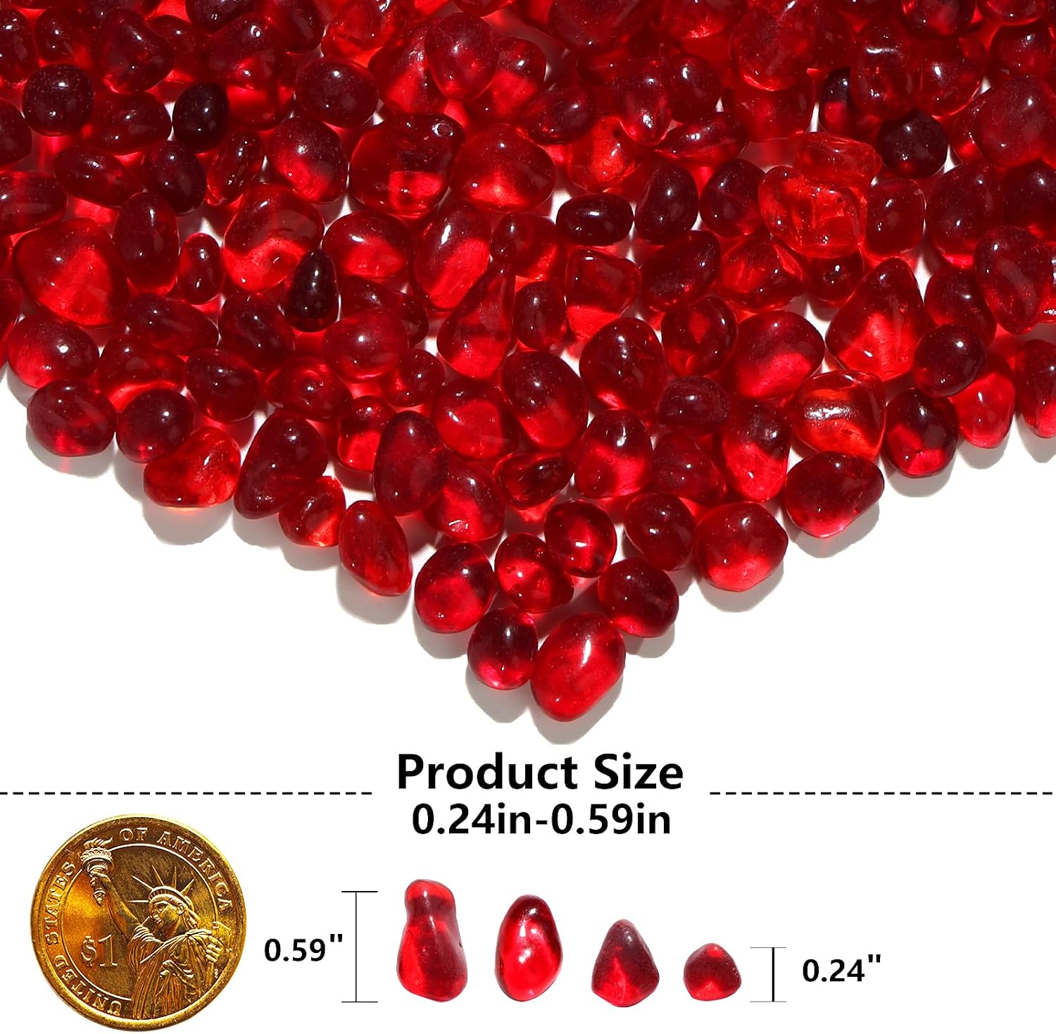 QYGL Red Clear Glass Pebbles, 0.55 lb Sea Glass Stones for Vase Fillers