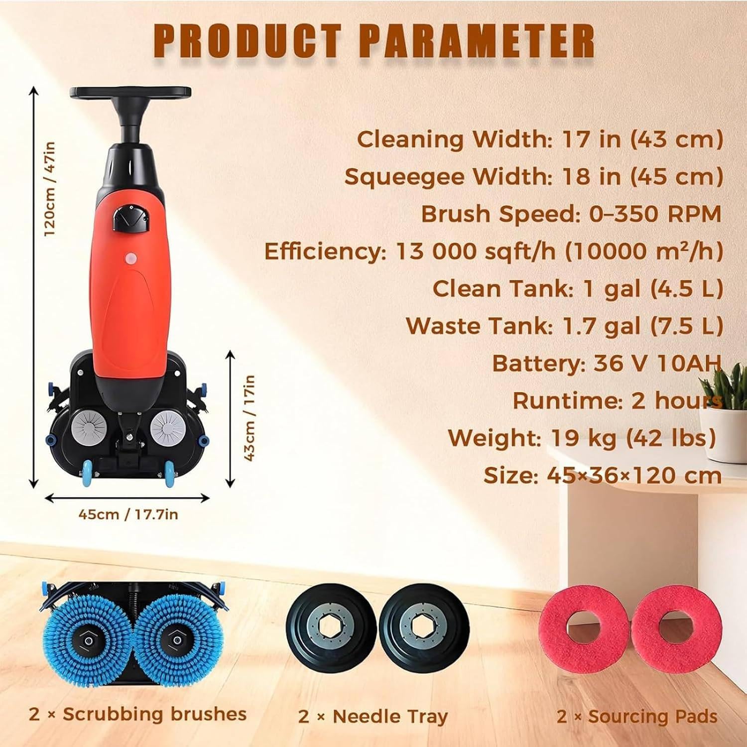 Laveuse Sol Professionnelle Portable, Autolaveuse Électrique Double Brosse, 43cm Largeur Nettoyage, 1200m²/h Capacité, 240 RPM, 360° Rotation pour Domicile Bureau Garages Red