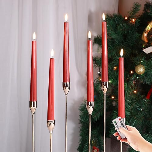 Eywamage Juego de 6 velas cónicas sin llama de Navidad rojas con mando a distancia, velas LED de cera parpadeante