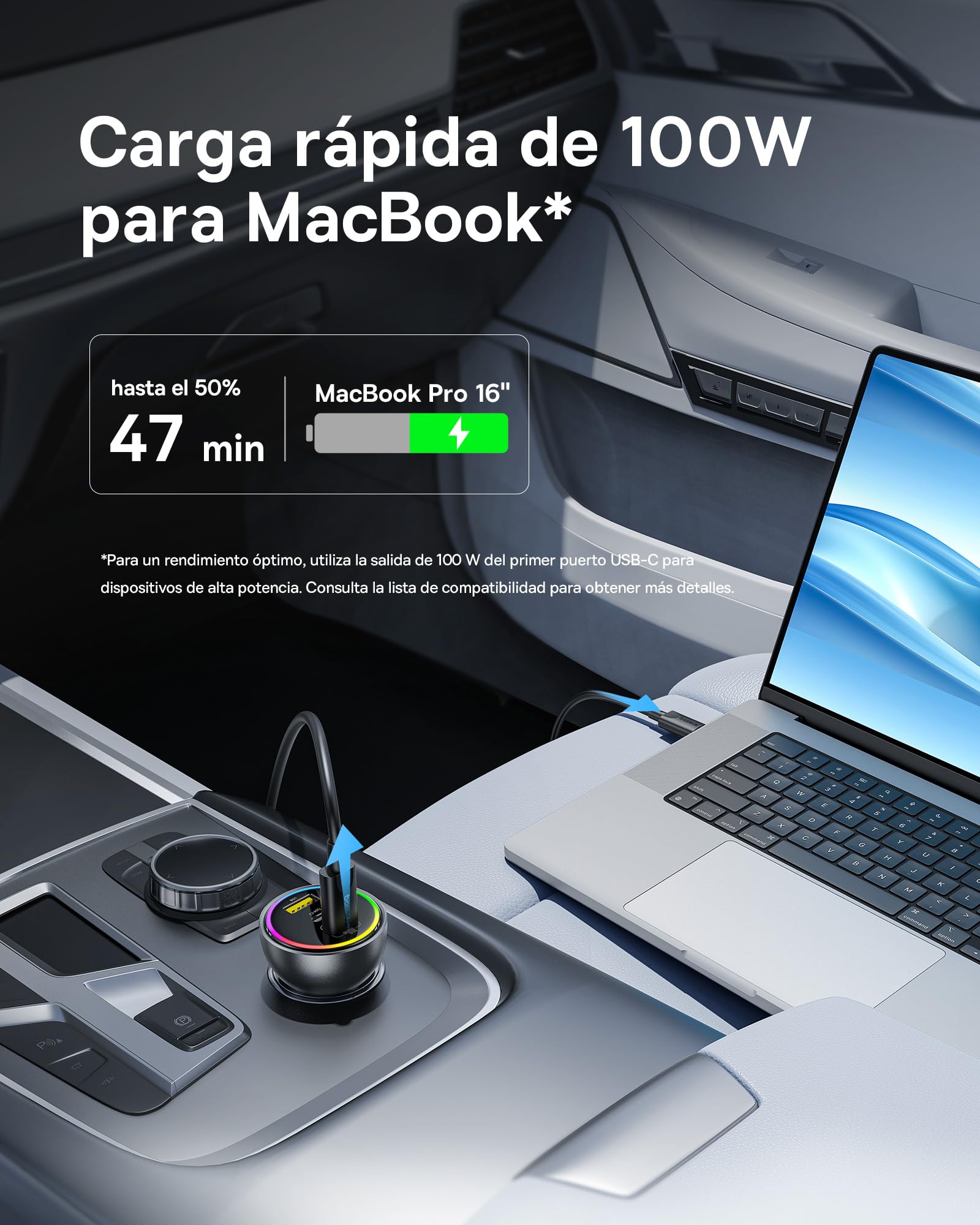 Baseus 152.5W Cargador Coche Carga Rapida 3 Puertos, RGB Cargador Mechero Coche y Cable USB C 100W, Adaptador Mechero Coche para MacBook Pro/Air, iPhone 16/15/14/13, Samsung S24/S23, iPad, AirPods etc