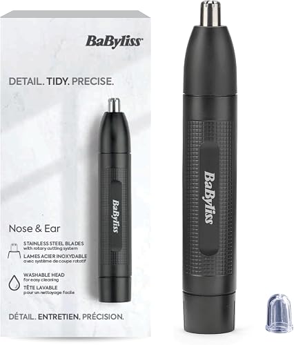 BaByliss Nose and Ear Trimmer - Precision 2 Blade System, Battery Operated, Stainless Steel, Easy-clean Removable Attachments, Black, E650E - 1