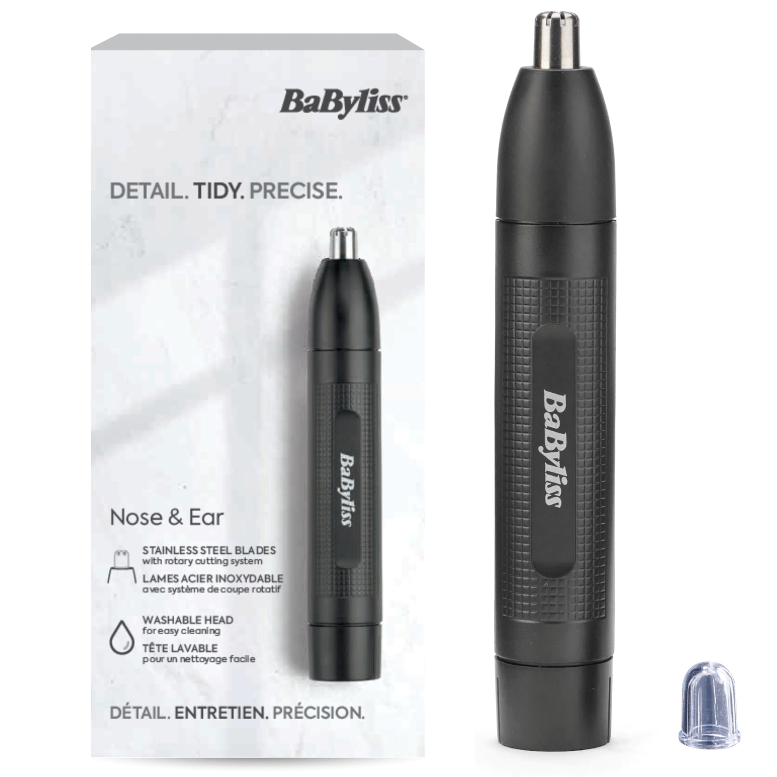 BaByliss Tondeuse Nez et Oreilles BaByliss - Système de coupe circulaire à 2 lames, Fonctionne sur pile, Acier inoxydable, Accessoires amovibles faciles à nettoyer, Noir, E650E