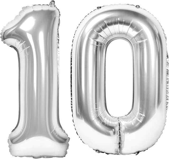 Number 10th Balloons 40 Inch Silver Foil Suimir Number Balloons Birthday Balloons Giant Digital Balloons Balloons for Birthday Party, Wedding, Anniversary