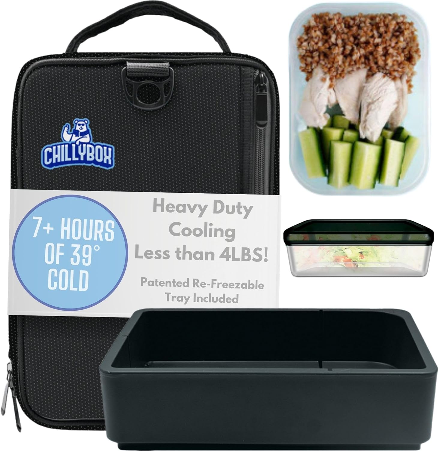 Patented Lunch Box Cooler with Reusable Cooling Tray, Versatile Sealable Plastic Container - Lunchbags for Men and Women - Perfect for Worksites, Hiking, and Beach Days (Black)