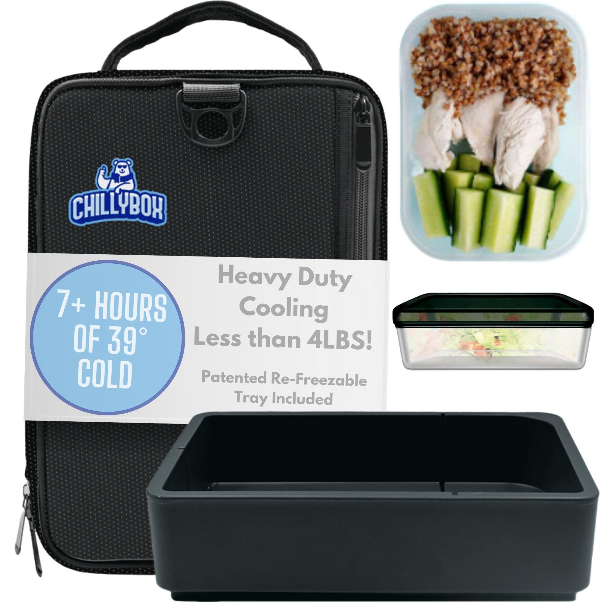 Patented Lunch Box Cooler with Reusable Cooling Tray, Versatile Sealable Plastic Container - Lunchbags for Men and Women - Perfect for Worksites, Hiking, and Beach Days (Black)