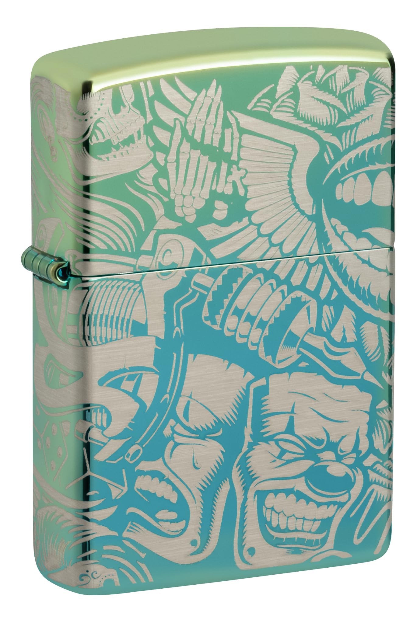 Zippo Windproof Lighter, Tattoo Theme Design – High Polished Teal, Laser 360 – Refillable, Reusable, Windproof Design – Comes in Gift Box – Made in USA — image 1