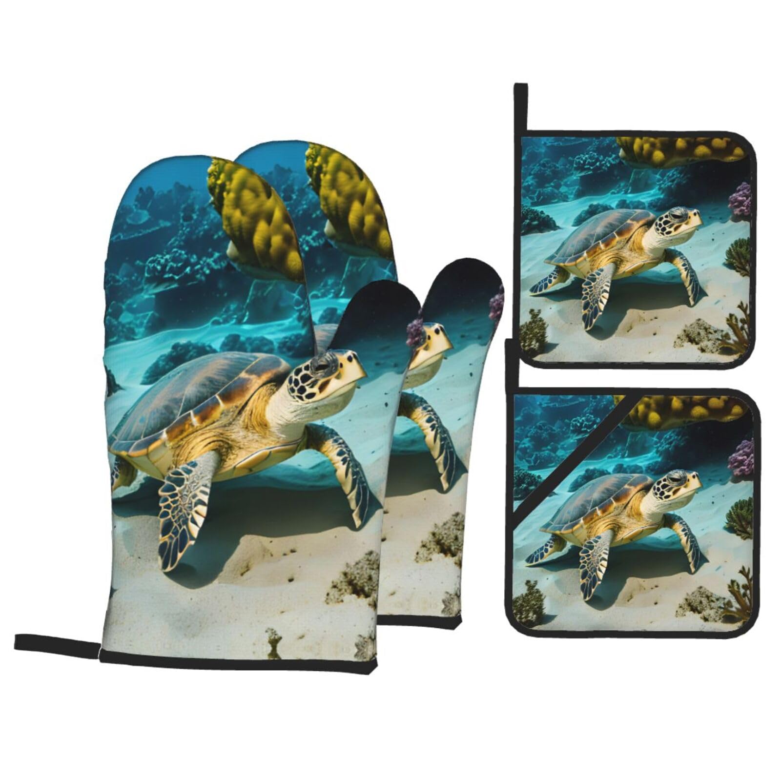 Nimongt Black Sea Turtle Print Heat-Resistant 4-Piece Oven Kitchen Gloves For Baking Cooking Microwaving Essentials