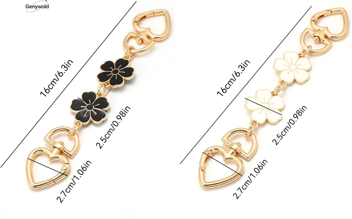 Genywold 2 Pieces Black and White Cherry Blossom Extension Chain with Heart Clasp, Wallet Extension Chain Strap Extender for Handbags, Crossbody Bags, Shoulder Bags, Replacement Bag Chain Accessories image 3