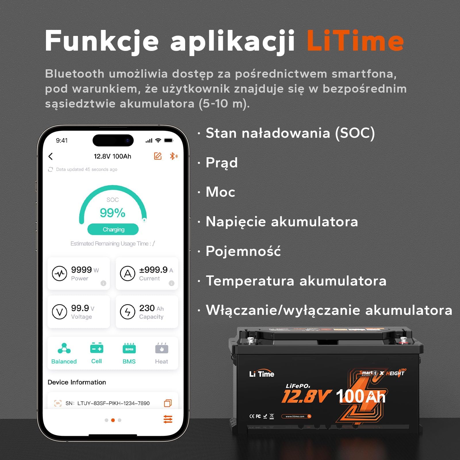 LiTime 12V 100Ah H190 Akumulator LiFePO4, Bateria Lifepo4 DIN H8 L5 Rozmiar z Inteligentnym 100A BMS i Bluetooth, Ochrona przed Niskimi Temperaturami, 4000+ Cykli, Zamiennik Kwasu Ołowiowego Kamperów
