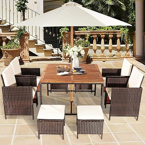 Miniatura 4 de Happygrill Juego de 9 piezas de comedor para patio al aire libre con asiento acolchado mesa de comedor que ahorra espacio con mesa de madera de