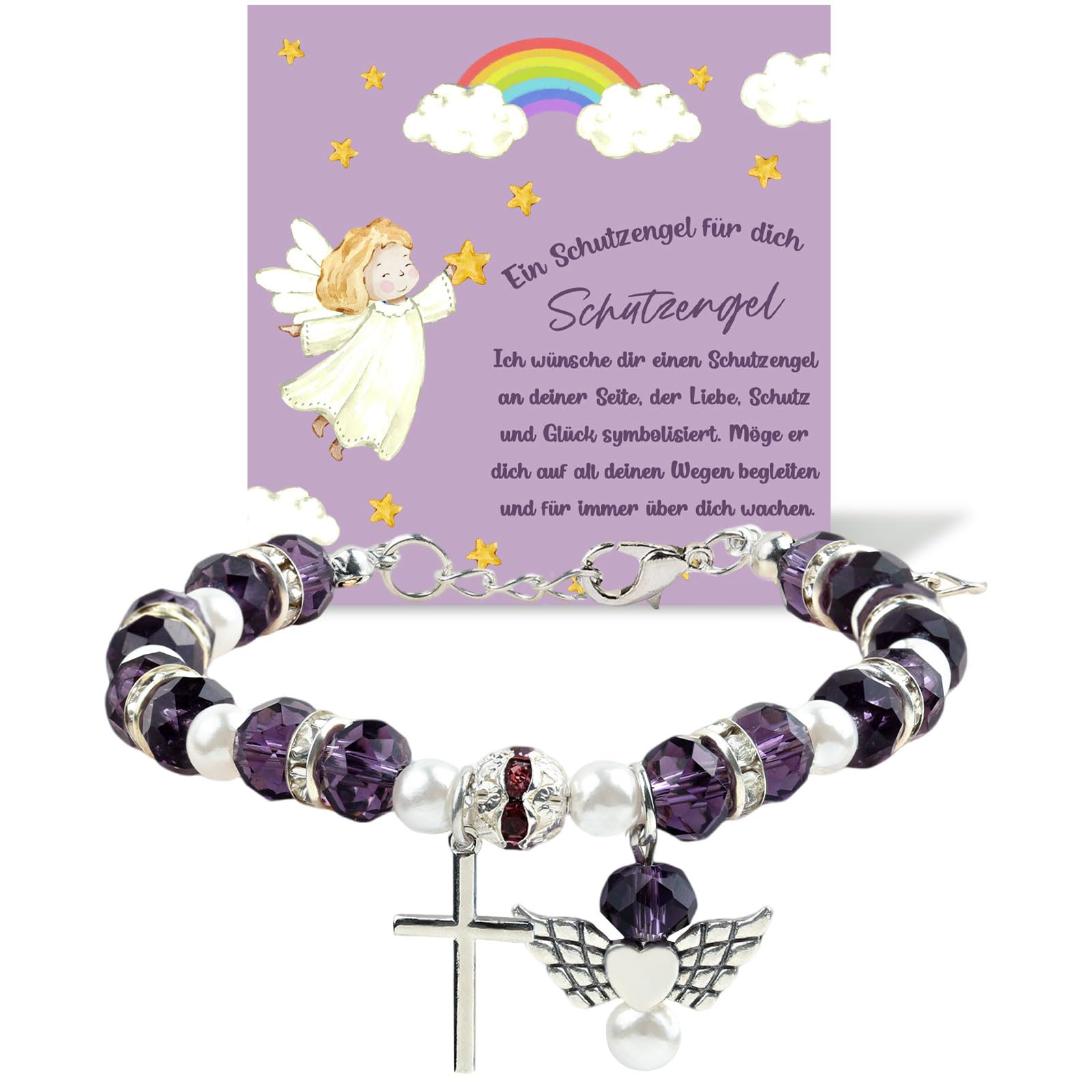 GGXDH Kommunion Armband Geschenke für Mädchen, Verstellbar Kristallperlen Armbänder Taufgeschenk mit Schutzengel Kreuz Charme, Erstkommunion Konfirmation Glücksbringer Geschenke (Lila)