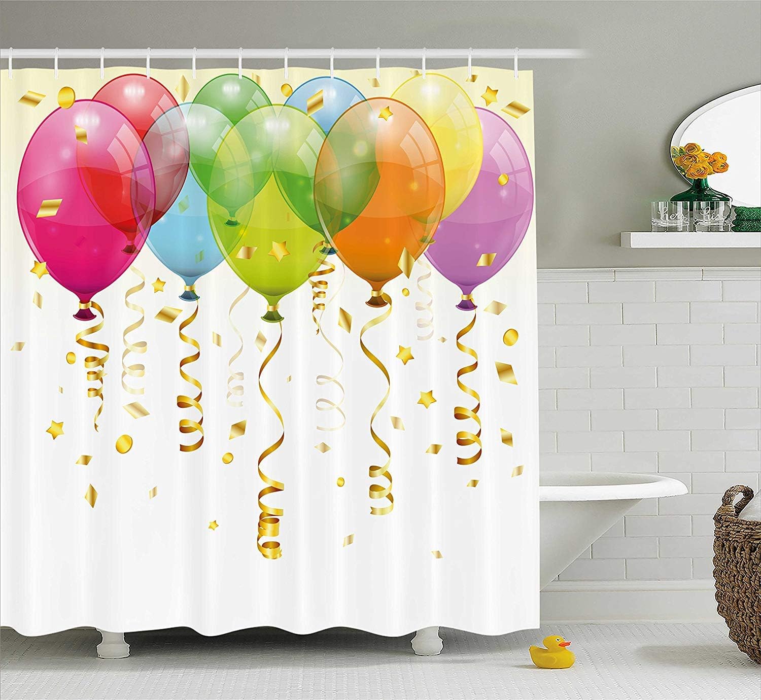 PEP Birthday Decorations Shower Curtain, 3D Style Flying Balloons