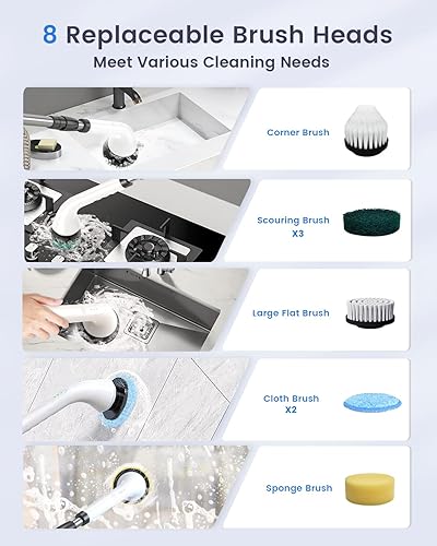 Miniatura 6 de Cepillo eléctrico giratorio de limpieza inalámbrico con 8 cabezales de cepillo reemplazables y mango de extensión ajustable, cepillo giratorio