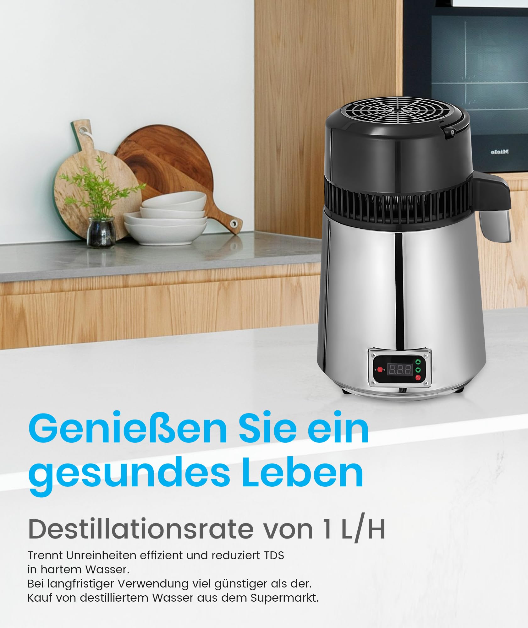 Wasserdestilliergerät (750W 1L/H) Edelstahl Destilliertes Wasser Maschine Automatisch Wasserdestillierer Wasser Distiller Filter für Reines Trinkwasser inkl. Glaskanne