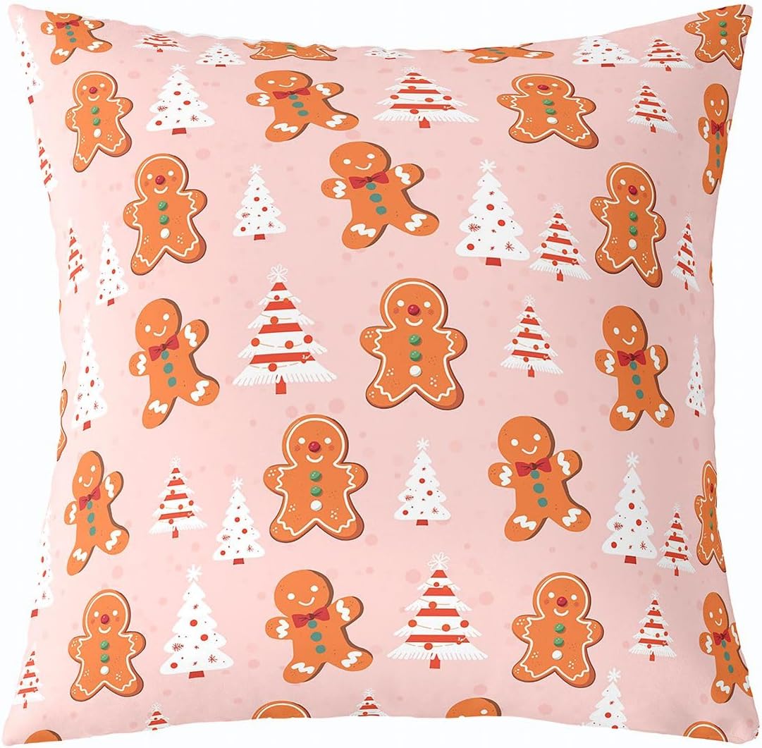 Feelyou Merry Christmas Reversible Throw Pillow Covers 22 x 22-Inch Gingerbread Man Snowman Square Cushion Covers Set of 2 for Decor Pink Xmas Tree Pillow Covers Home Decor Christmas